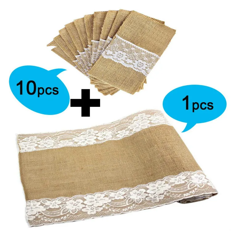 

Burlap Lace Hessian Table Runner(12 x 108 inch) with 10 Pcs Natural Burlap Lace Silverware Napkin Holders(4 x 8 Inch) for Countr