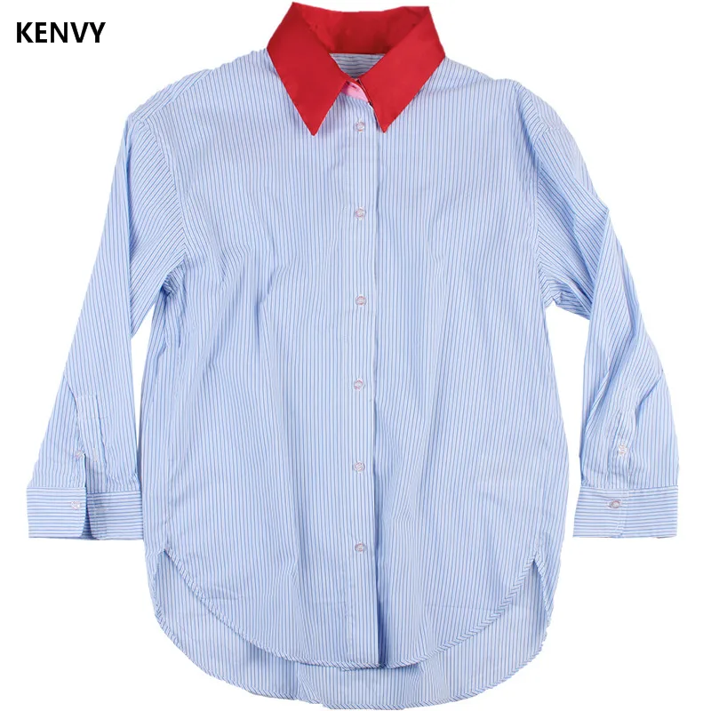 

KENVY Brand fashion women's high-end luxury autumn blue stripes new personality color matching wild loose long shirt