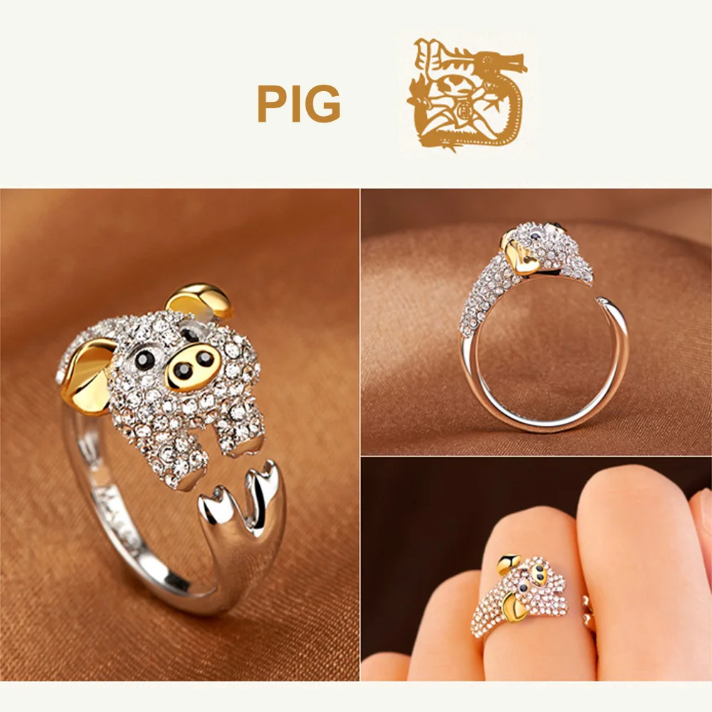 Кристалл милая собака свинья кролик обезьяна инкрустированные кольца животных медное покрытие для женщин девушка Открытие кольцо Свадебная вечеринка ювелирные изделия