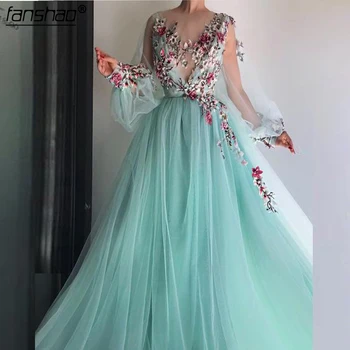 

Mint Green Muslim Evening Dresses V Neck Lantern Sleeves Tulle Islamic Dubai Saudi Arabic Long Formal Evening Gown Prom Dress-in