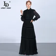 Женское платье с кружевом LD LINDA DELLA, длинное черное платье с длинным рукавом, платье в стиле пэчворк, платье с рюшами, праздничное платье