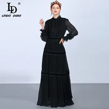 LD LINDA DELLA Fashion Runway Maxi Dresses Women's Long Sleeve Lace Patchwork Ruffles Vintage Black Dress Elegant Party Dress bell sleeve contrast lace tie waist maxi dress