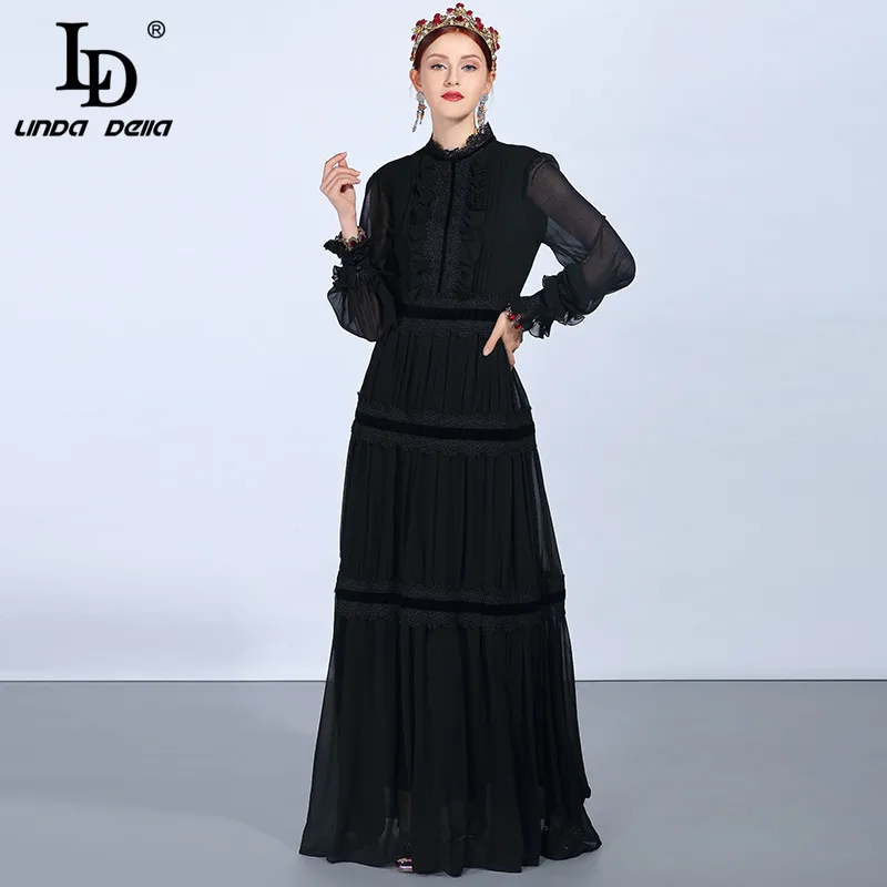 LD LINDA DELLA Fashion Runway Maxi Jurken vrouwen Lange Mouw Kant Patchwork Ruches Vintage Zwarte Jurk Elegante Partij Jurk LD LINDA DELLA Fashion Runway Maxi Jurken vrouwen Lange Mouw Kant Patchwork Ruches Vintage Zwarte Jurk Elegante Partij Jurk