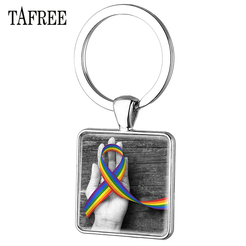 

TAFREE LGBT Gay Love Lesbian Square Shape Keychains Glass Rainbow Ribbon Pattern Key Rings Car Bag Key Pendant Jewelry BT17
