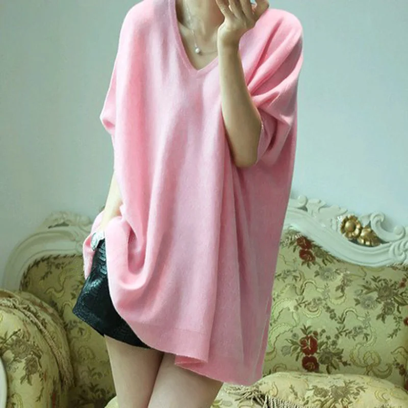 

JECH Spring Women Solid Loose Casual Cashmere Wool Sweaters V-neck Collar Pullovers Three Quarter Sleeve Computer Knitted Jumper