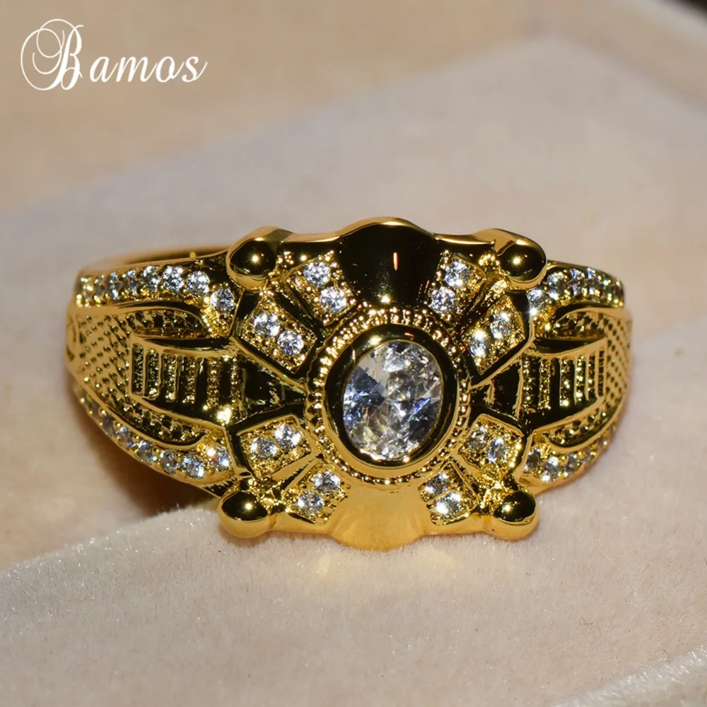 Bamos Gorgeous Gold Color Big Rings For Men Luxury Cubic Zirconia Engagement Ring Wedding Bands Unique Geometric Jewelry