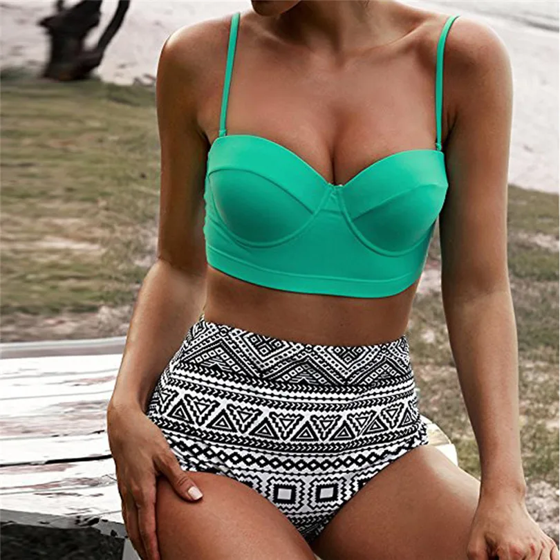 2019 new Women's Sexy Bikini Swimsuit High Waist Bikinis Swimwear Swimuit Female Retro Beachewear Bikini Set #4F27 (11)