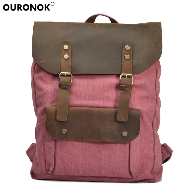 

OURONOK Vintage England Men Women Backpack Multifunction Fashion Canvas Leather School Bag Neutral Portable Wearproof Travel Bag