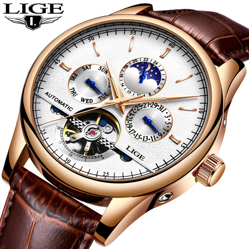 

LIGE Brand Men Watches Automatic Mechanical Watch Tourbillon Sport Clock Leather Casual Business Retro Wristwatch Relojes Hombre