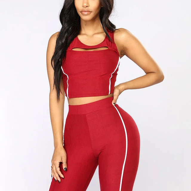 Red Two Piece Yoga Set Women GYM Cloth Tank Top Long Pants Sports Suits