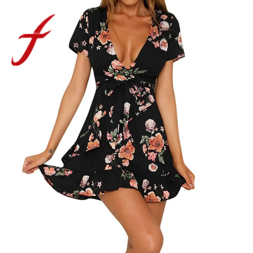 

2019 Sexy Deep V-neck Flower Print Summer Dress Woman Boho Beach Style Irregular Ruffles Hem Belt A-Line Mini Dresses vestidos