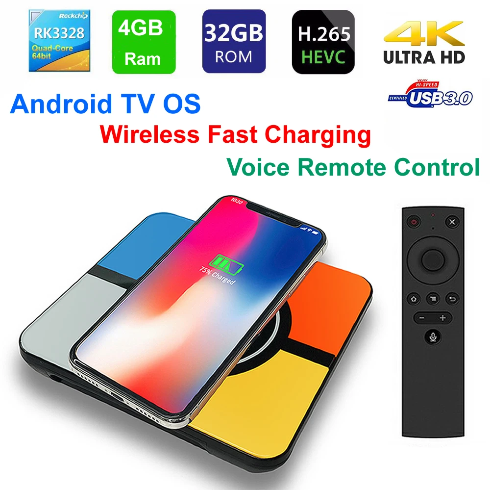 

S10 Plus Smart TV BOX Wireless Fast charging Android TV OS RK3328 Quad Core 4GB 32GB WIFI 3D 4K USB3.0 with Voice Remote Control