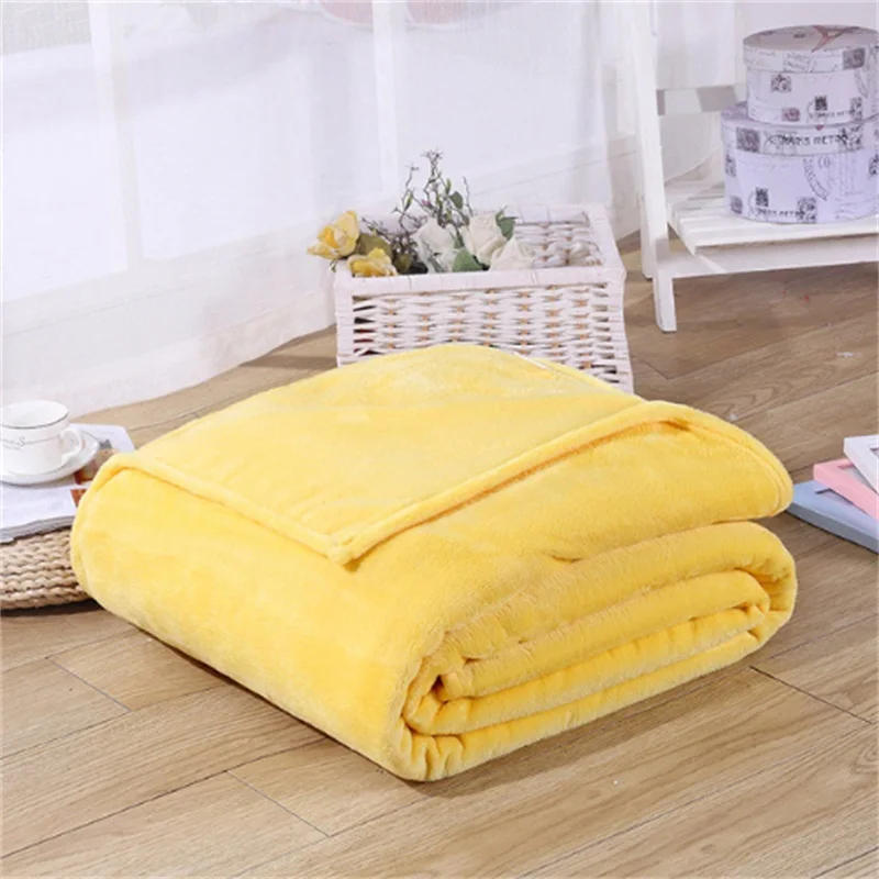 Super Soft Coral Fleece Blanket 220gsm Light Weight Solid Pink Blue Faux Fur Mink Throw Sofa Cover Bedspread Flannel Blankets - Цвет: yellow