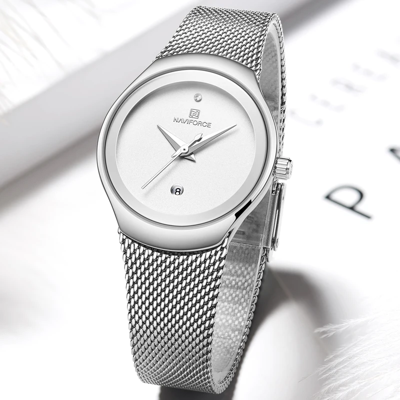 Для женщин наручные часы naviforce Топ Элитный бренд Женская мода аналоговые кварцевые часы Дамы Простой ультра-тонкий серебристый белый наручны
