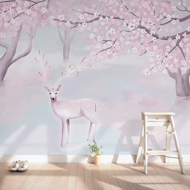 

Custom mural Fantasy deer pink flower tree wallpaper bedroom living room wedding room children room background wallpaper mural