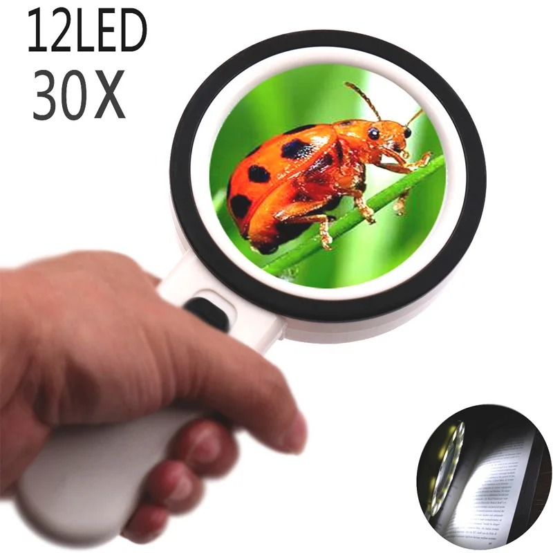 

Large Lens Magnifying Glass 12 Led Lights 30x Handheld Magnifier Reading Newspaper Magnifying Glass Coin Jewelry Lab Loupe