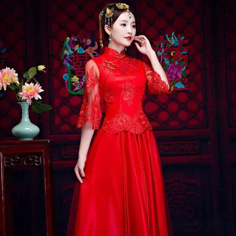 Платье Ципао в китайском стиле древние женские элегантные Cheongsam цветок Свадебный костюм невесты свадебное платье Восточный вечер платья Vesditos