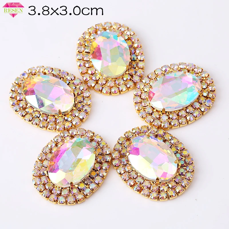 

RESEN 3.8X3.0CM Top Quality Oval Crystal AB Sew On Rhinestones Applique Flatback With Gold Base Sewing Crystal For Wedding Dress