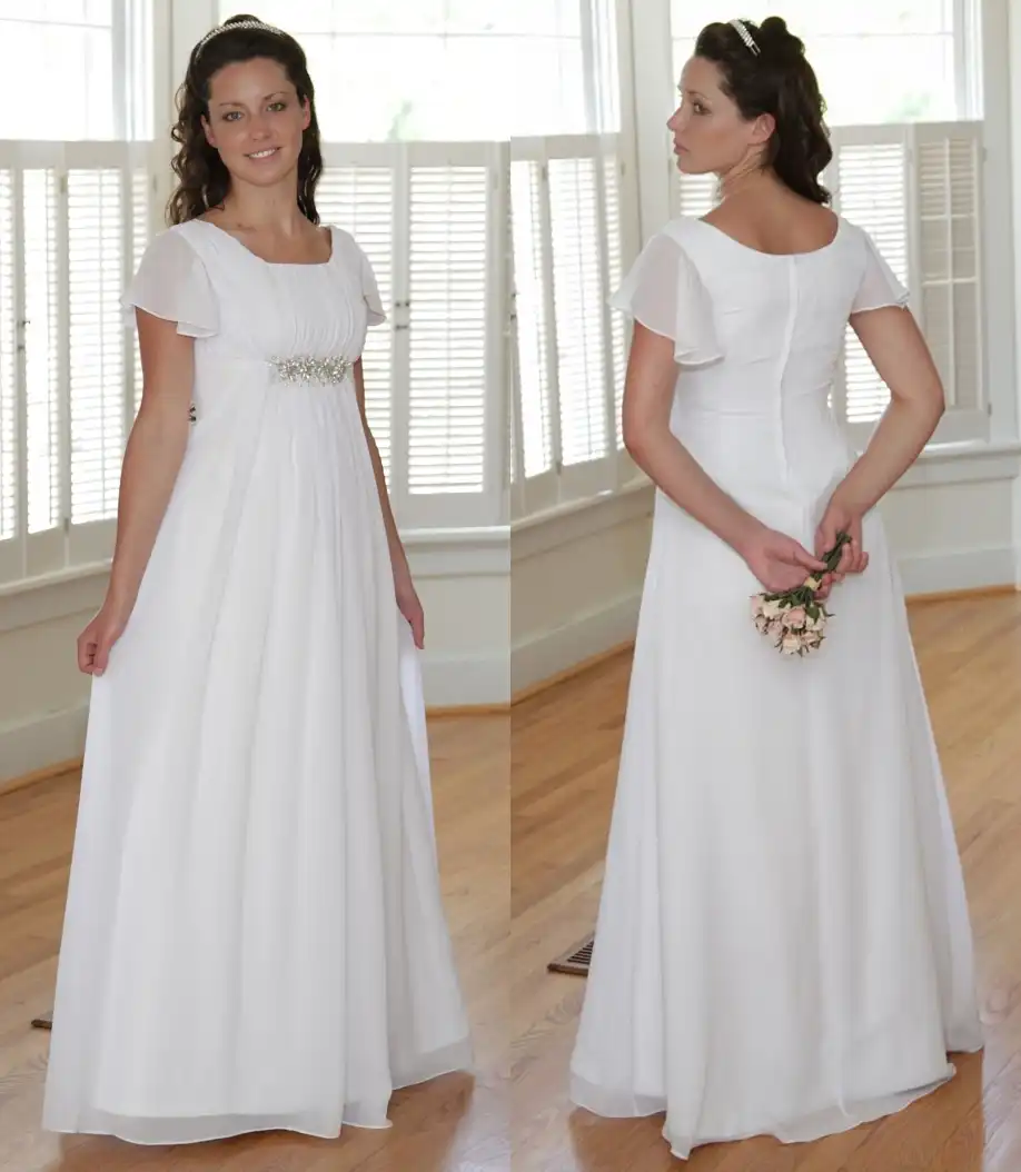 Summer Simple A Line Chiffon Modest Wedding Dresses With Flutter