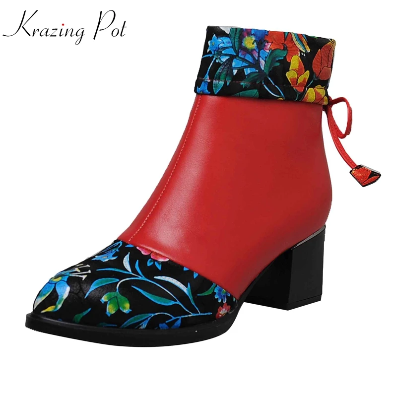 

Krazing pot new genuine leather high heels zipper prints flowers Winter round toe mature party oriental fashion ankle boots l8fa