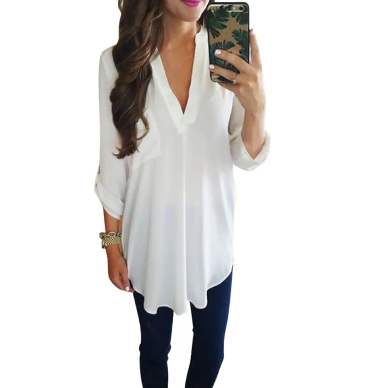 

2019 Fashion Women's Loose Three Quarter Sleeve Blouse Casual V-Neck White Green Blouse Shirt Tops S-3XL