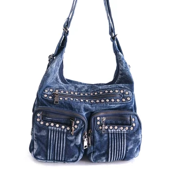 

Famous brand woman handbag two pockets shoulder bag female rhinestone denim handbag designer women casual tote bags