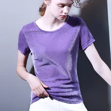 Американский Лето Для женщин модные свободные с круглым вырезом короткий рукав яркий Шелковый Bling Сексуальная футболка топы дамы плюс Размеры черный рубашки