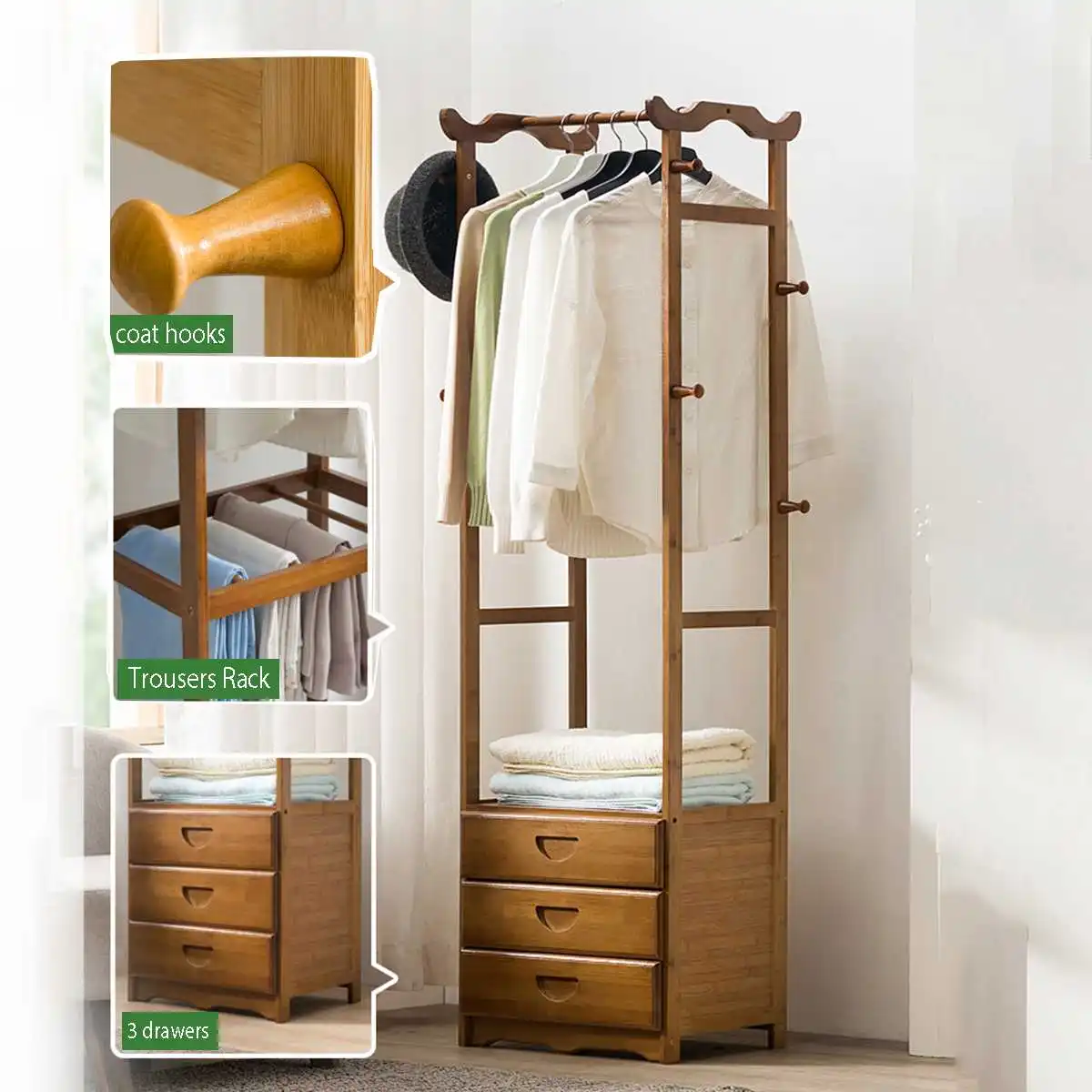 

Bamboo Wardrobe Multifunction Storage Rack Orgnizer Floor Shoe Rack Large Capacity Clothing Hanger Home Furniture With Drawers
