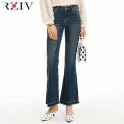 RZIV 2018 Осень Джинсы женские повседневные однотонные кисточкой украшения носили Высокая талия тонкая микро-рог джинсы