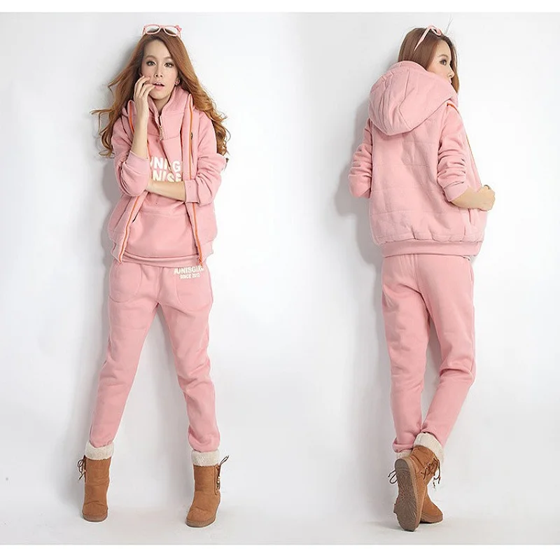 Casual 3 Piece Set Tracksuit Women Clothes Autumn and winter new Fashion women's tracksuits Ladies Thicken Sweat Suits - Цвет: Розовый