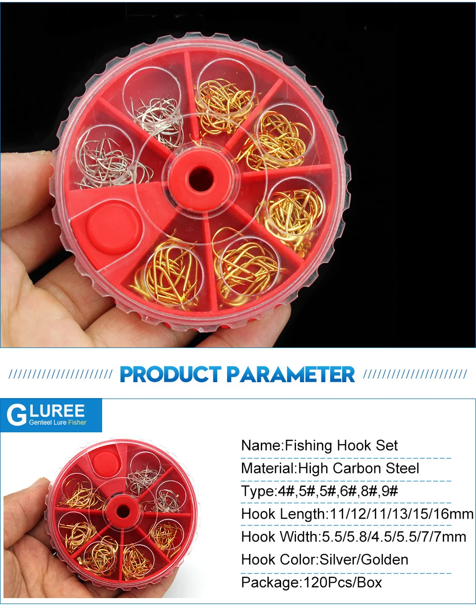 GLUREE-120PcsSet-Fishing-Hook-Kit-Barbed-Carbon-Steel-Fishhooks-Set-Fresh-Water-Carp-Fishing-Tackle-Box-Golden-Silver_02