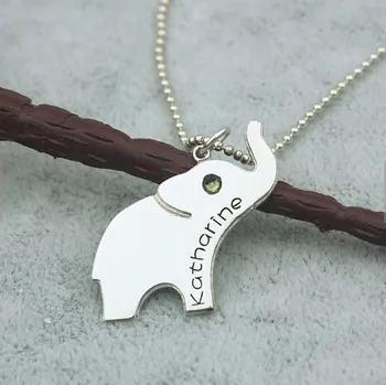 

Silver Color Elephant Necklace Cute Necklaces Custom Made with any Name And with One Colorful Birthstone YP2956