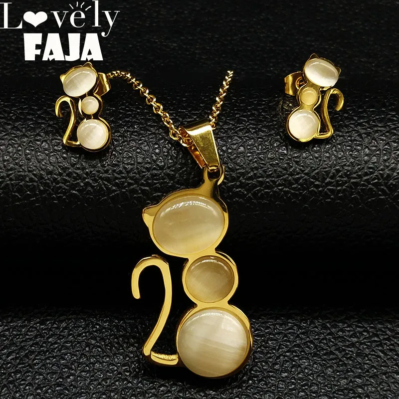 2018 moda gato ópalo pendientes de acero inoxidable collar mujeres oro Color joyería conjuntos juego de joyeria de acero gato 178554