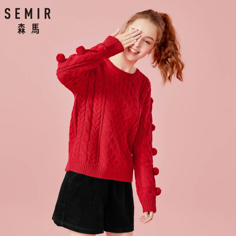 SEMIR Для женщин Wool Blend Cable вязаный свитер с помпонами на рукаве Для женщин Заниженные плечевые пуловер свитер с рифленый круглый ворот SEMIR Для женщин Wool Blend Cable вязаный свитер с помпонами на рукаве Для женщин Заниженные плечевые пуловер свитер с рифленый круглый ворот