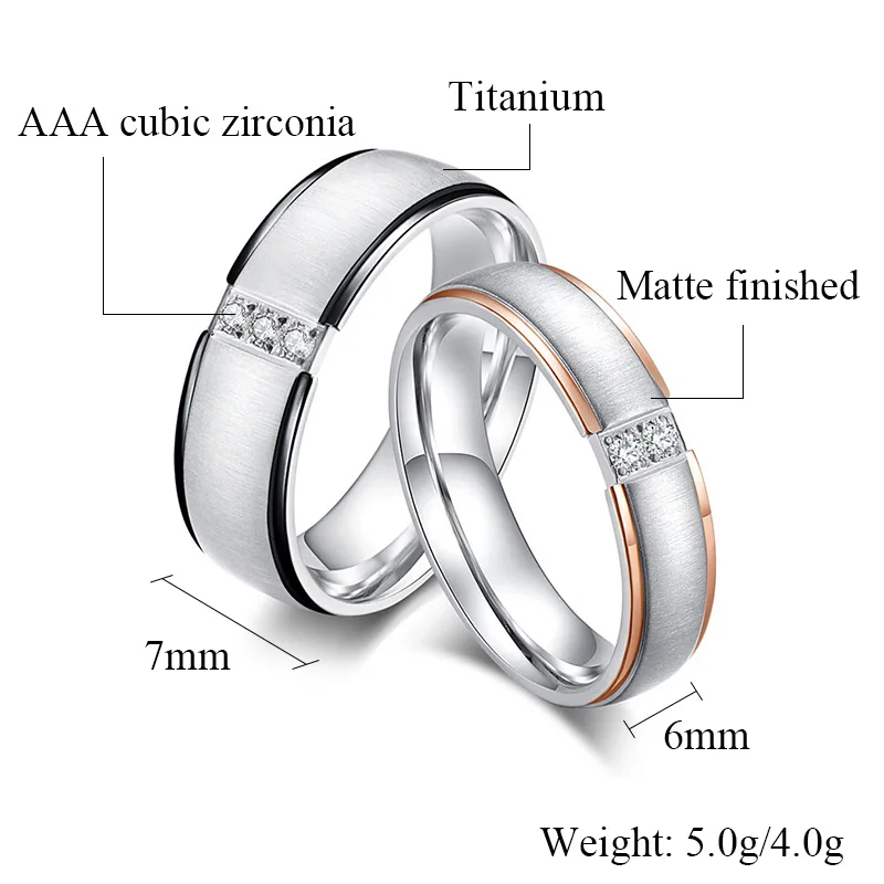 Матовая поверхность обручальные кольца для женщин и мужчин CZ камни серебро и розовое золото-цвет стальная титановая пара кольцо ювелирное обручальное кольцо