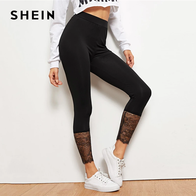 SHEIN Black Lace Contrast Solid Leggings Casual Plain Capris Highstreet Leggings Women 2019 Summer Streetwear Pants Trousers SHEIN Black Lace Contrast Solid Leggings Casual Plain Capris Highstreet Leggings Women 2019 Summer Streetwear Pants Trousers