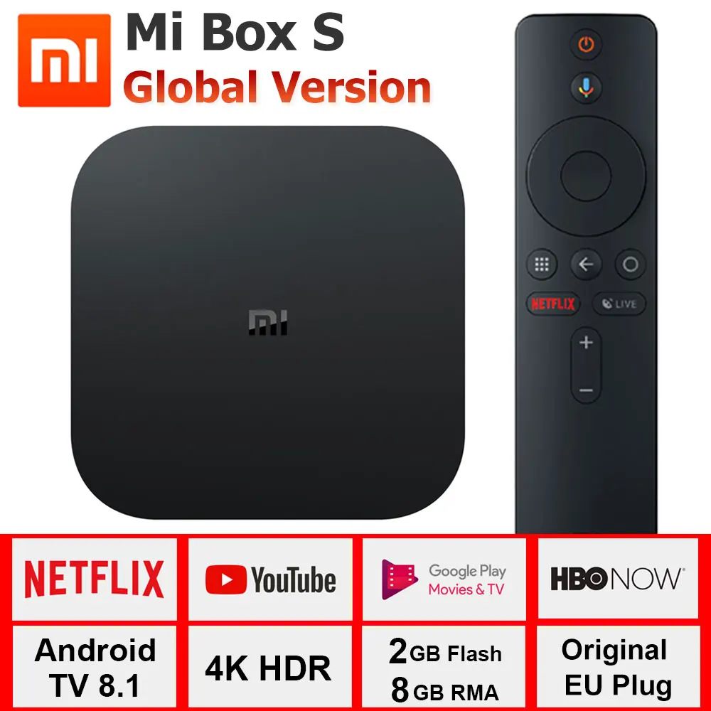 

Global Version Xiaomi Mi TV Box S, 4K HDR Android 8.1 2G 8G WIFI BT 4.2 Streaming Media Player Google Cast Netflix IPTV Box