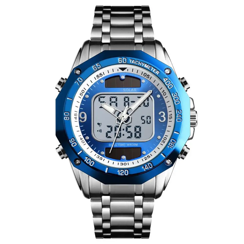 Роскошные брендовые модные солнечные спортивные часы для мужчин, водонепроницаемые кварцевые мужские часы с двойным дисплеем, аналоговые цифровые часы Relojes Hombre - Цвет: Sliver Blue