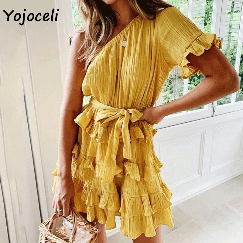 

Yojoceli 2019 summer ruffle dress women one shoulder bow mini dress day dress female vestidos