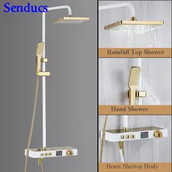 Senducs цифровая для душевой набор модный квадратный латунный Смеситель для ванной душевой кран Черное золото Душевая система умный цифровая