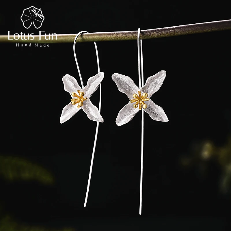 Lotus Fun Реальные Стерлингового Серебра 925 Природных Ручной Изящных Ювелирных Изделий Винтаж Поэтический Клевер Падение Моды Серьги для Женские Brincos - изображение