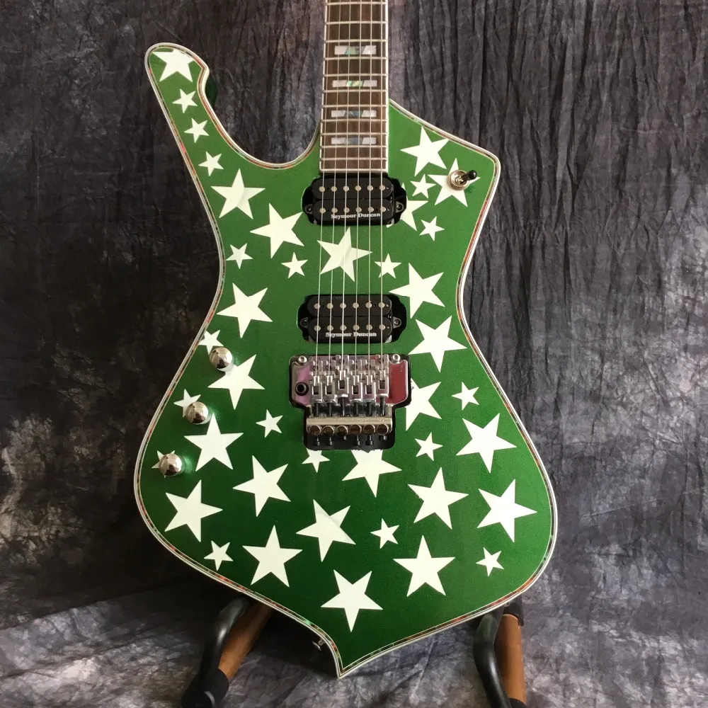 

Shape Irregular green electric guitar with pentagram, foreign body with tremolo, shell mosaic fingerboard, Free Shipping