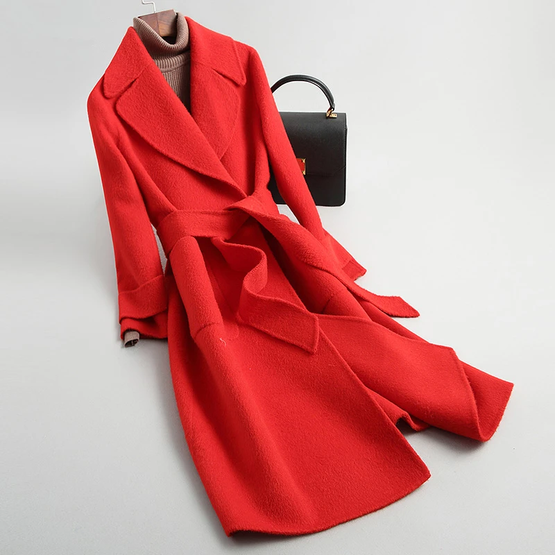 Весна Осень натуральная шерсть пальто женское модное повседневное длинное женское пальто с поясом Женское пальто а041 - Цвет: Красный