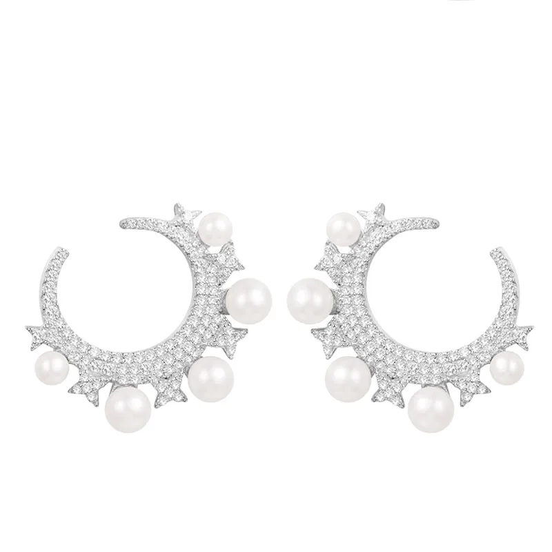 

SKA Brand Pearl Earrings For Women Monaco Fine Jewelry 925 Sterling Silver Inlaid Moon Shape Unique Stud Earring AE10736XPL