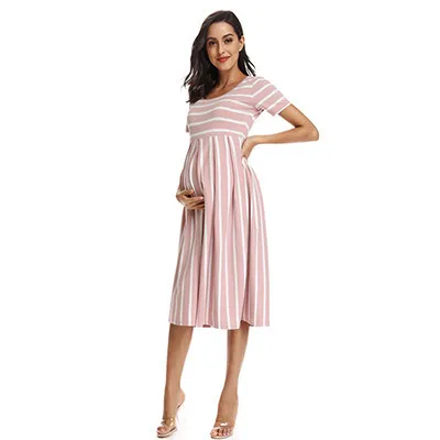 ТРАПЕЦИЕВИДНОЕ платье в полоску с коротким рукавом Длина колена материнства платья для женщин Повседневная Одежда для беременных Mama Классические платья для малышей - Цвет: pic