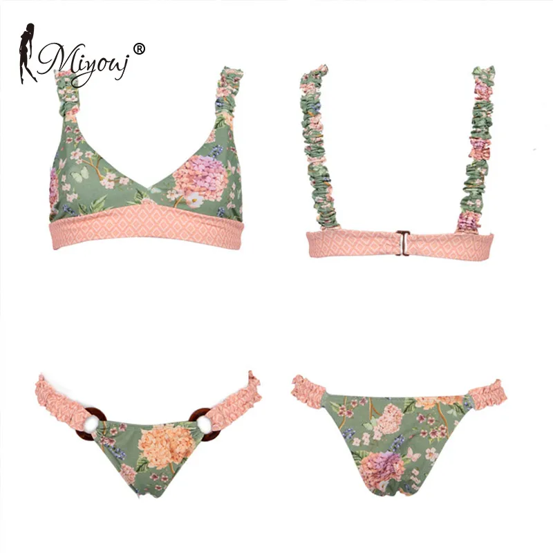 Miyouj Floral Bikini Stripe Sexy Lace Up Swimsuit Push Up Print Swimwear Women 2018 Bathing Suit Biquini Feminino Bikini Set