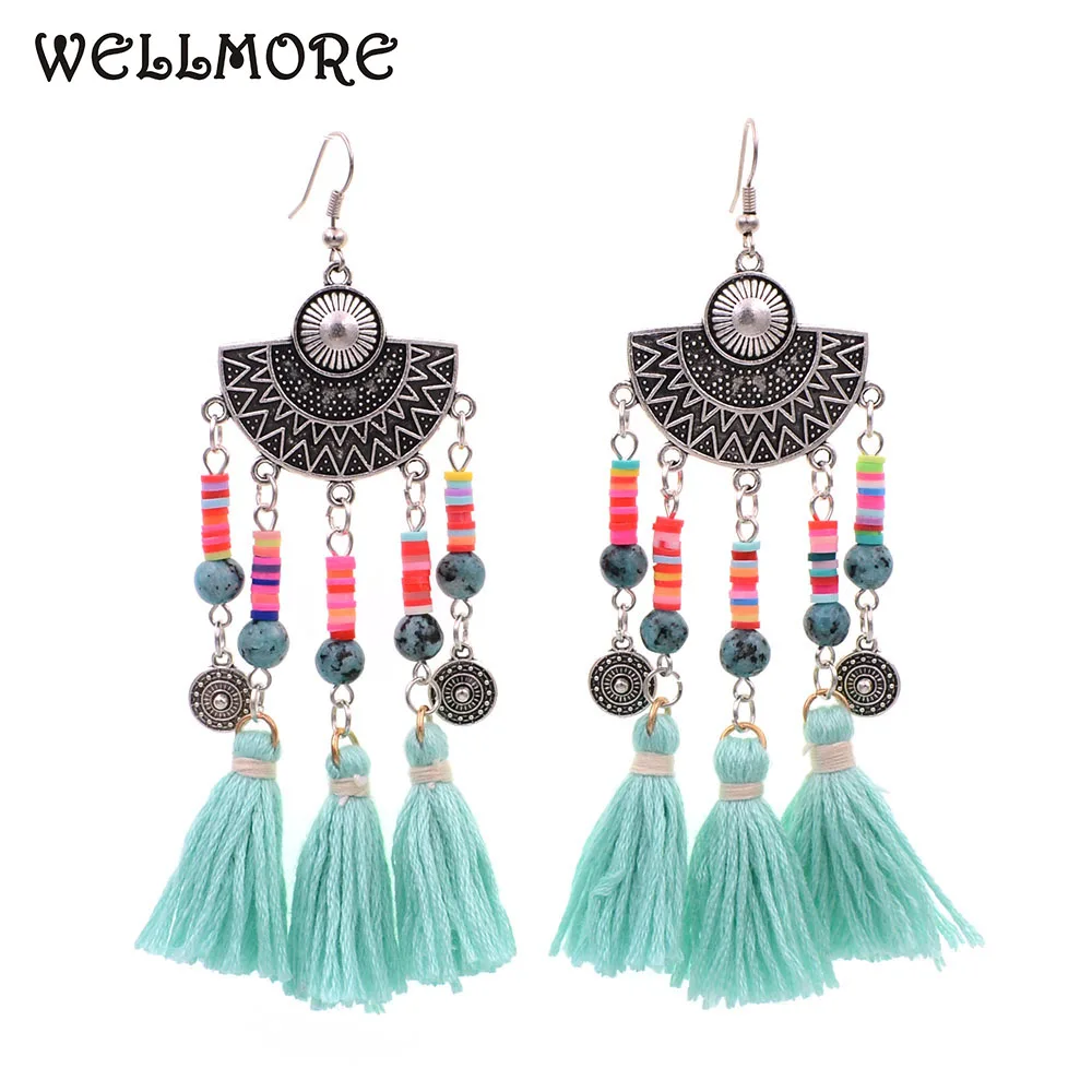 

WELLMORE Statement earrings stone beads with Tassel long earrings dangle drop earrings for women Jewelry Wholesale