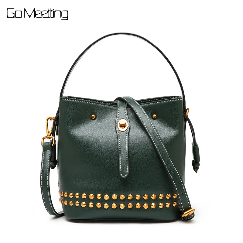 

Go Meetting Women Genuine Leather Bucket Bag Fashion Handbag Cow Leather Shoulder Bags Rivet Simple Messenger Bag Female Leisure