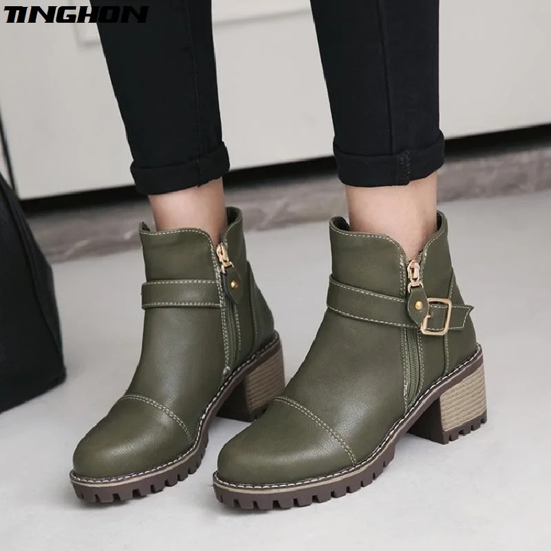 

TINGHON Autumn Winter Fashion Women Boots Female Woman Boots Fashion Square High Heels Ankle Boots Shoes