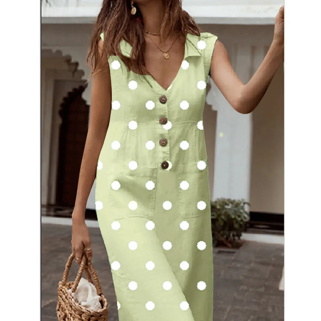 

Feitong Dress Women Bohemian Plus Size Elegant Dot Print Boho Dress Turn-down V-neck Dress Button Pocket Maxi платье летнее Girl